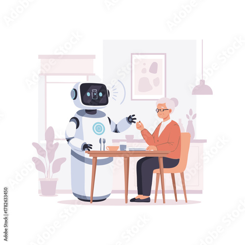 Vector illustration of a multifunctional robot helping a senior in daily routine—reminding about medication and setting the dinner table. Clean, supportive, futuristic caregiving scene isolated on whi