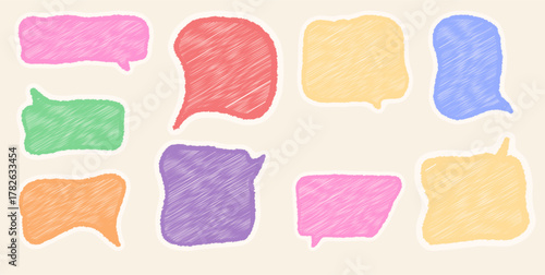 Chalk pencil doodle speech balloons on beige background, sketch style comic frames, crayon hand drawn vector illustration with grunge texture for creative projects and presentations