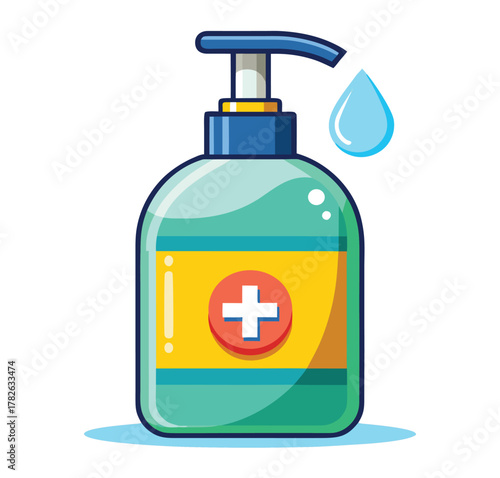 Hand sanitizer dispenser with a drop, essential for hygiene and health, shown against a white background, representing cleanliness and protection from germs and viruses