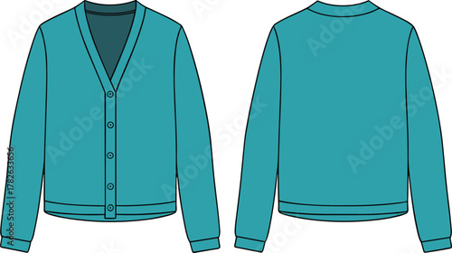 Cardigan sweater technical flat sketch, teal knitwear illustration, front and back view garment drawing, V-neck button closure, ribbed cuffs hem design