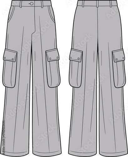 Cargo pants technical flat sketch, front and back view garment drawing, loose fit design, multiple pocket detail, fashion apparel construction illustration