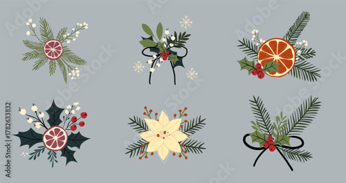 Christmas floral elements set. Hand drawn festive bouquets with holly, citrus, fir branches and poinsettia