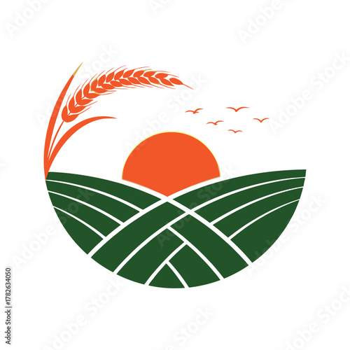 Stylized sunrise over green rolling fields with a wheat stalk and birds flying