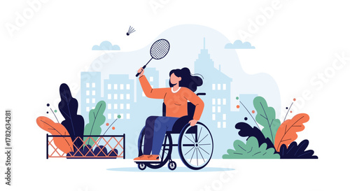 Woman in a wheelchair playing badminton outdoors with a city skyline and natural elements in the background, promoting inclusivity and active lifestyle.