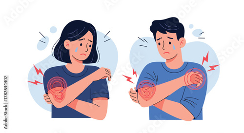 Man and woman experiencing painful arm and joint conditions, shown with visual indicators of discomfort and physical suffering.