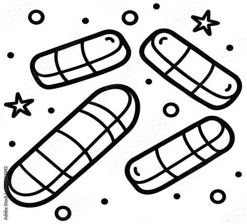 Cute cartoon illustration of fizzy effervescent vitamin tablets for kids. Black and white line art drawing of medicine pills isolated on a white background for coloring page or health concept