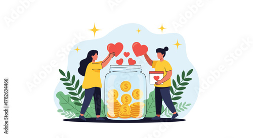 Two people, a man and a woman, are actively donating hearts and golden coins into a large glass jar, symbolizing charity, community support, and generosity.