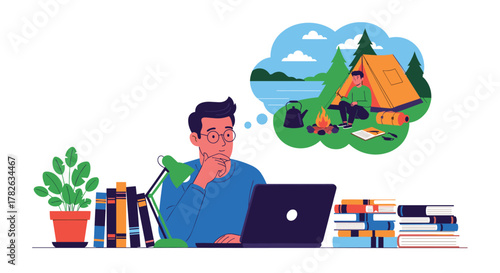 A man working on his laptop at a desk daydreams about a tranquil camping trip by a scenic lake in nature.
