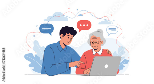 A young man patiently assists an elderly woman with using a laptop, symbolizing intergenerational support and digital literacy.