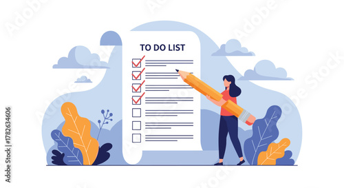 A woman uses a giant pencil to check off completed tasks on a large to-do list, symbolizing productivity and task management.