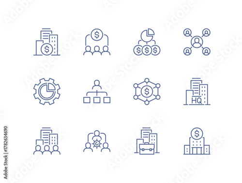 Set of business management and finance related icons, including corporate buildings, teamwork, investment structure, organization chart, money network, headquarter, and economic growth linear vectors.