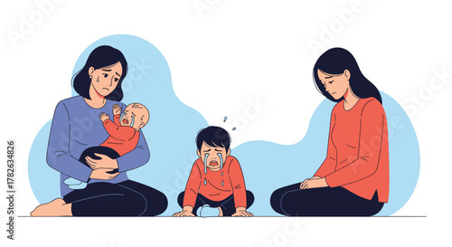 Distressed mothers and a crying child depicting family emotional pain, parental stress, and struggles with mental health and depression.