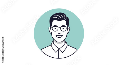 A cheerful cartoon illustration of a man with glasses and dark hair, smiling and wearing a collared shirt, set against a teal circular background.