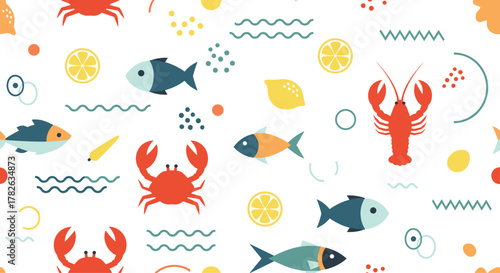 Seamless pattern with cute cartoon seafood elements like crabs, fish, lobsters, and lemons on a white background, perfect for summer.
