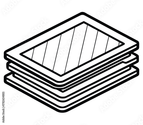Isometric line art icon representing a stack of documents or layered files. A minimalist black and white outline drawing symbolizing data, archives, and office paperwork