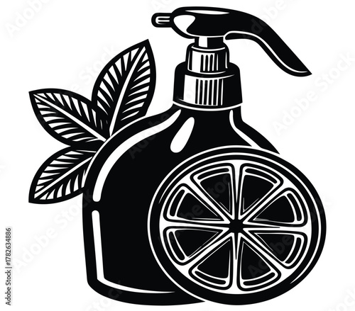 Lemon Citrus Surface Sanitizer in Elegant Black and White Illustration, Ideal for Eco-Friendly Cleaning Products and Natural Wellness Brands