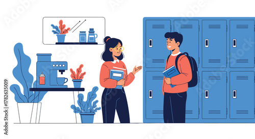 Two young students have a friendly conversation in a school environment near lockers and a coffee station.