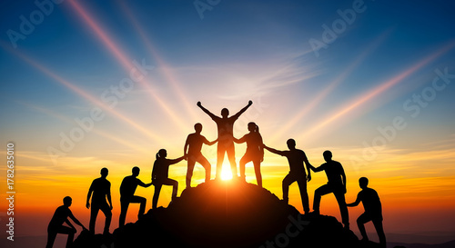Team of people standing on mountain top with arms raised at sunset to celebrate success
