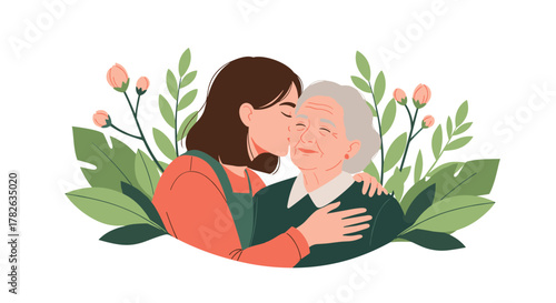 A loving young woman tenderly kisses her happy elderly mother or grandmother, surrounded by lush green foliage and delicate pink flower buds.