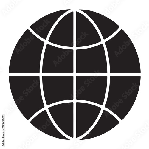 A simple black and white globe icon representing global connectivity and international communication isolated on white background