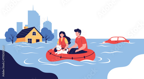 A man and a woman, along with their dog, navigate through a flooded city street in an inflatable raft during a natural disaster.