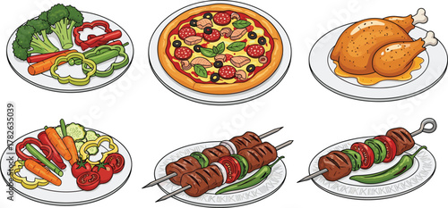 Assorted food plates illustration, pizza, roasted chicken, grilled skewers, fresh vegetables, colorful cuisine, dining, restaurant menu, healthy meal design