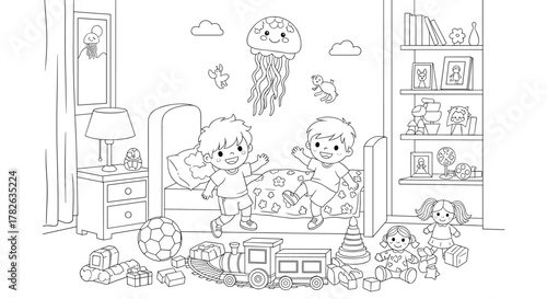 Two happy boys jumping and playing on a bed in a fun-filled bedroom surrounded by toys, ready for coloring.