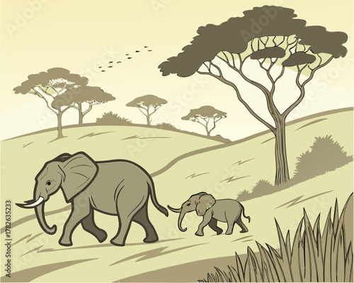 African landscape with elephant family illustration