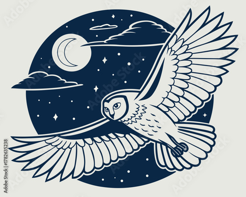 Barn owl flying in the night sky with moon and stars illustration
