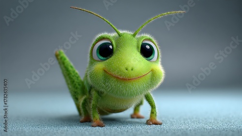 Cute 3D Cartoon Grasshopper with Big Green Eyes on Textured Surface insect Photo