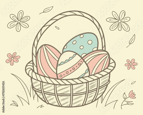 Easter basket with decorated eggs, surrounded by flowers and leaves, in a sketch style