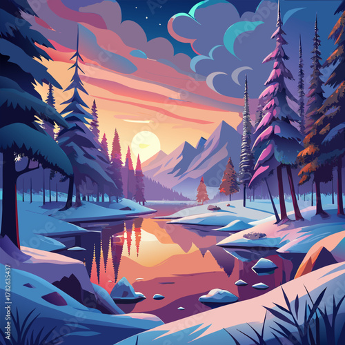 winter landscape with lake and mountains