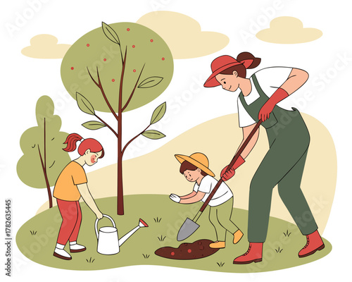 Family planting a tree together in the garden on a sunny day illustration