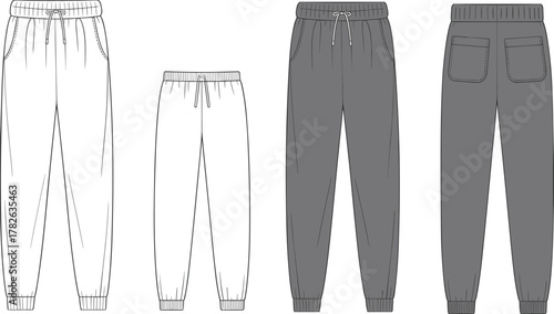 Jogger pants front and back views, fashion CAD drawing, flat vector illustration, garment sketch, casual wear design, apparel template