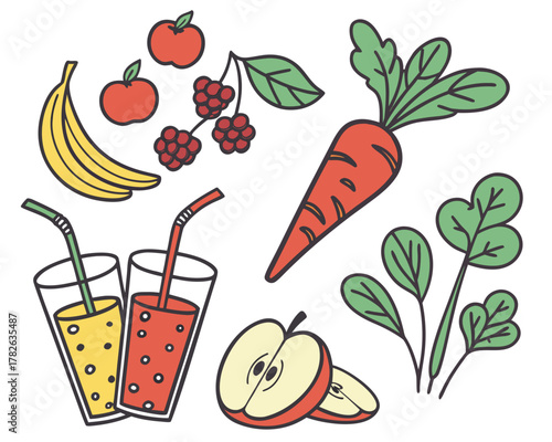 Fresh fruits and vegetables for juice, vector art
