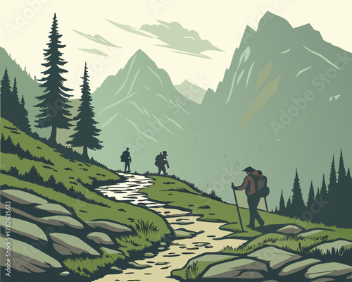 Hikers trekking through a mountain landscape with a river, adventure concept