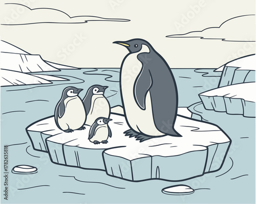 Penguin family on ice floe in arctic landscape illustration