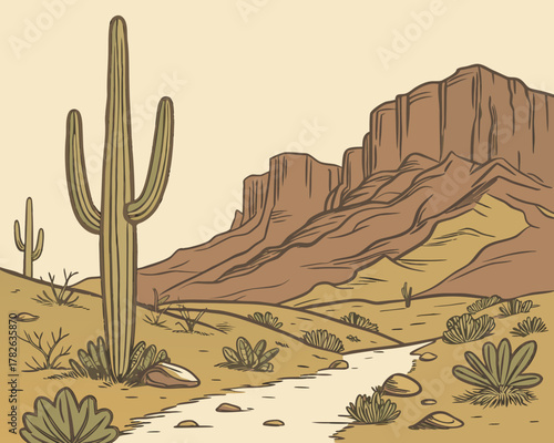 Scenic desert landscape with saguaro cactus and distant mountains in arizona