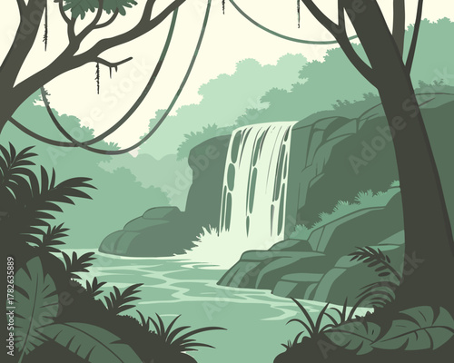 Scenic waterfall in a tropical jungle with lush green plants and trees