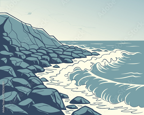 Waves gently lapping against a rocky shore, creating a serene coastal scene