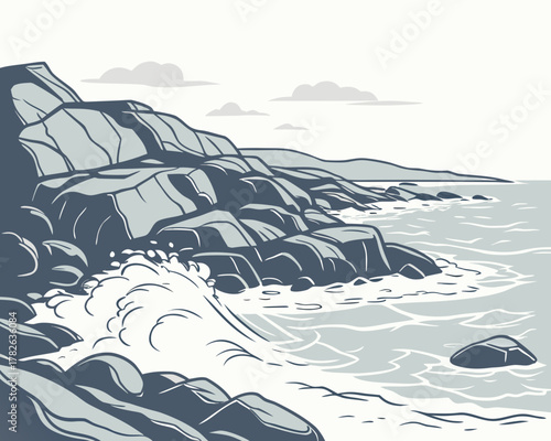 Waves crashing on a rocky coastline, creating a dynamic and scenic seascape