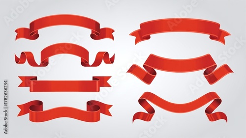 Collection of Red Decorative Ribbons and Banners in Elegant Curved Shapes
