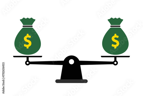 Money Bag Vector on Scale. Illustrating Business and Financial Balance Concept.