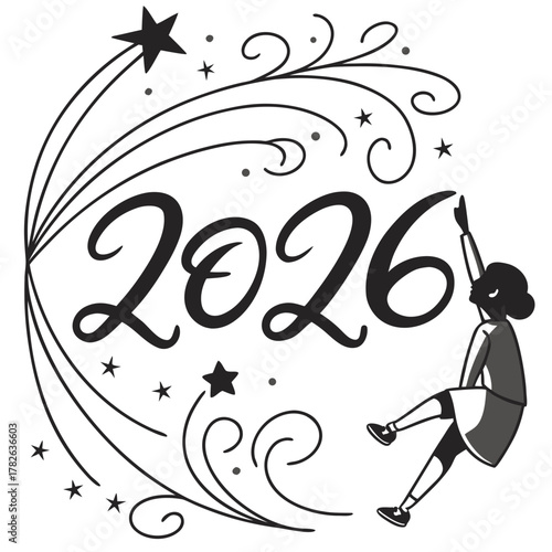Person Reaching for 2026 New Year Fireworks and Stars vector illustration