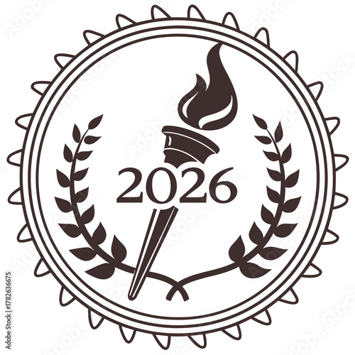 2026 Laurel Wreath Emblem with Torch Keywords: 2026, emblem, laurel wreath, torch, flame, award