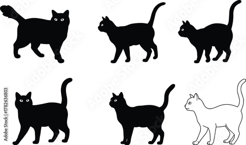 PrintBlack and white cat silhouettes, vector illustration, walking feline poses, animal outline art, domestic pet design, minimalist graphic collection