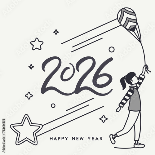 Person Holding Balloon with Shooting Star and 2026 kite new year