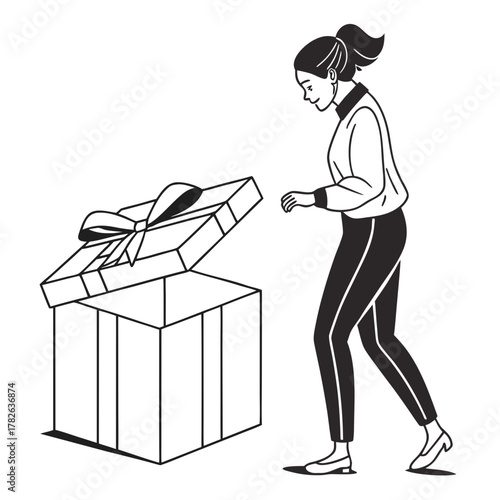 Woman opening a large gift box with a ribbon present