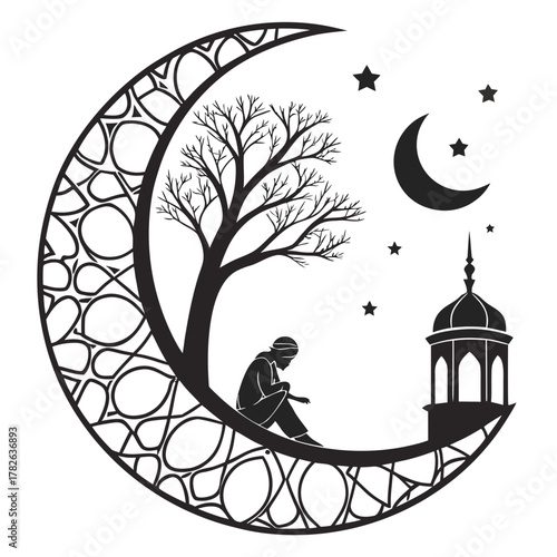 Silhouette of a person praying under a crescent moon and stars night