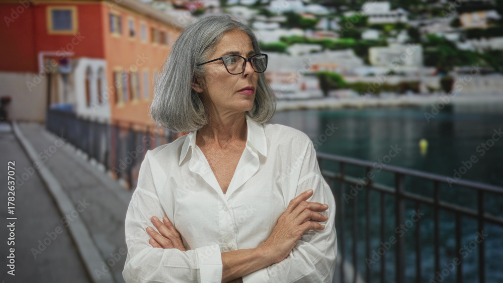 Obraz premium Woman with arms crossed wearing white shirt and glasses on seaside street promenade with railing and buildings visible; quiet contemplation.